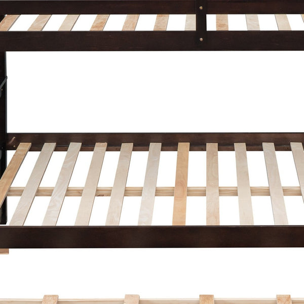 HomeRoots Espresso Twin Over Full Bunk Bed with Trundle, Storage & Safety Guardrails for Shared Spaces 606606