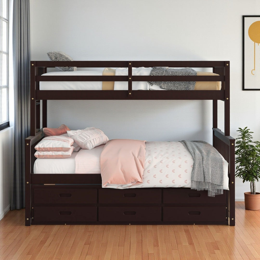 HomeRoots Espresso Twin Over Full Bunk Bed with Trundle, Storage & Safety Guardrails for Shared Spaces 606606
