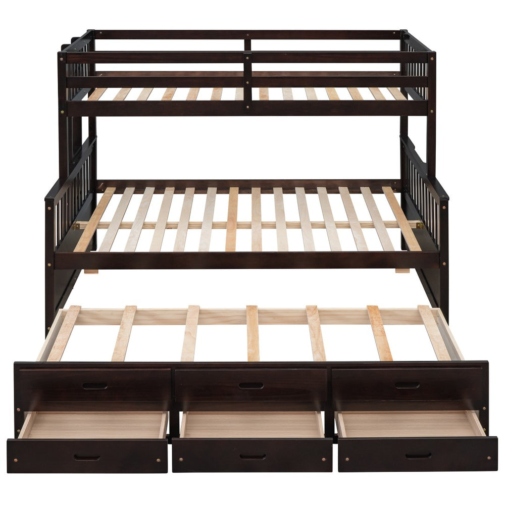 HomeRoots Espresso Twin Over Full Bunk Bed with Trundle, Storage & Safety Guardrails for Shared Spaces 606606