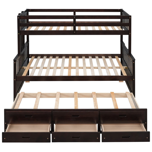 HomeRoots Espresso Twin Over Full Bunk Bed with Trundle, Storage & Safety Guardrails for Shared Spaces 606606