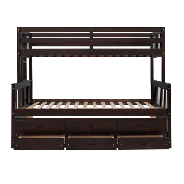 HomeRoots Espresso Twin Over Full Bunk Bed with Trundle, Storage & Safety Guardrails for Shared Spaces 606606