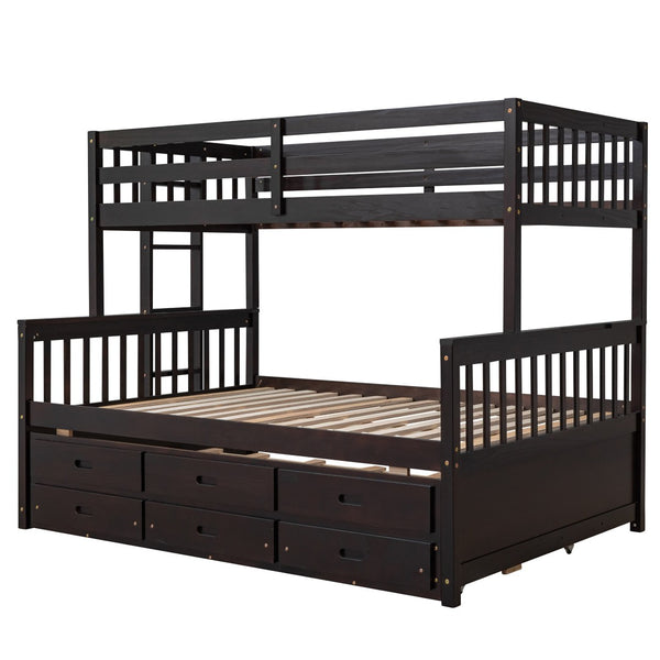 HomeRoots Espresso Twin Over Full Bunk Bed with Trundle, Storage & Safety Guardrails for Shared Spaces 606606