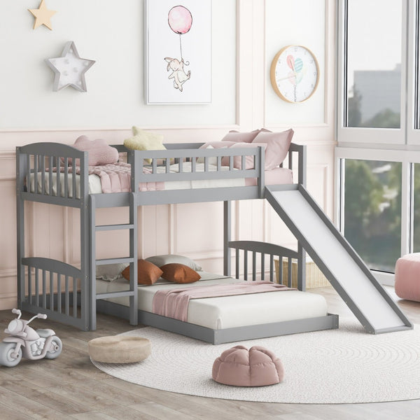 HomeRoots Gray Twin Over Twin Princess Bunk Bed with Fun Slide - Solid Wood, Charming Design for Kids' Rooms! 606607