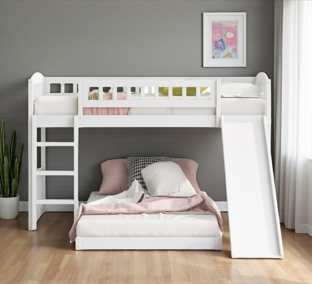 HomeRoots White Twin-Over-Twin Princess Bunk Bed with Slide - Solid Wood, Stylish Design for Kids’ Rooms! 606608