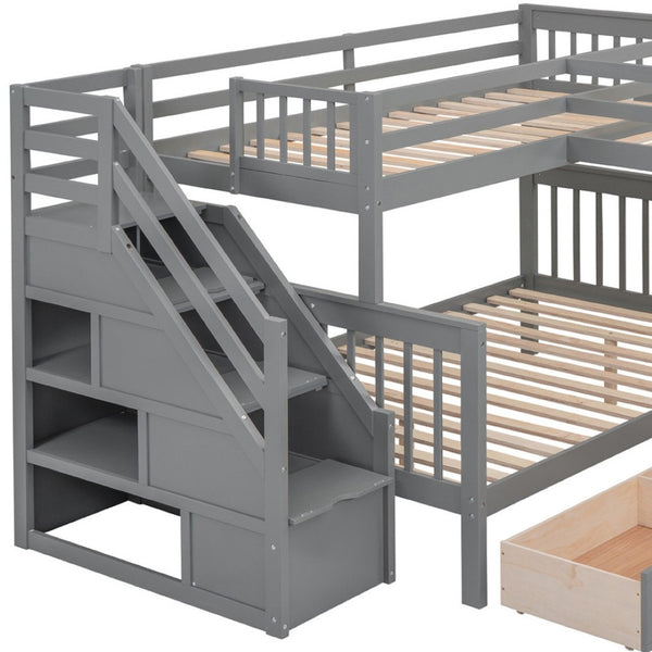 HomeRoots Gray Triple Bunk Bed with Stairs, Desk, Storage Drawers - Stylish Solid Wood Space-Saver Solution 606609