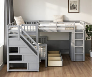 HomeRoots Gray Triple Bunk Bed with Stairs, Desk, Storage Drawers - Stylish Solid Wood Space-Saver Solution 606609
