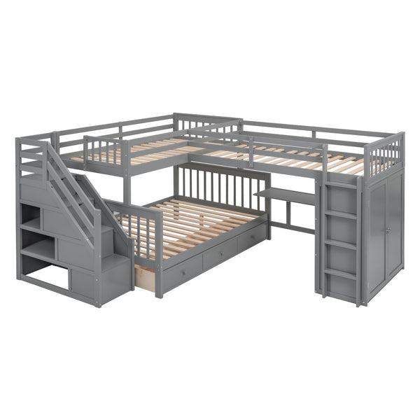 HomeRoots Gray Triple Bunk Bed with Stairs, Desk, Storage Drawers - Stylish Solid Wood Space-Saver Solution 606609