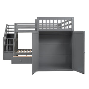HomeRoots Gray Triple Bunk Bed with Stairs, Desk, Storage Drawers - Stylish Solid Wood Space-Saver Solution 606609