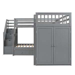 HomeRoots Gray Triple Bunk Bed with Stairs, Desk, Storage Drawers - Stylish Solid Wood Space-Saver Solution 606609