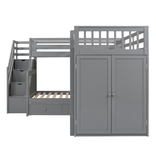 HomeRoots Gray Triple Bunk Bed with Stairs, Desk, Storage Drawers - Stylish Solid Wood Space-Saver Solution 606609