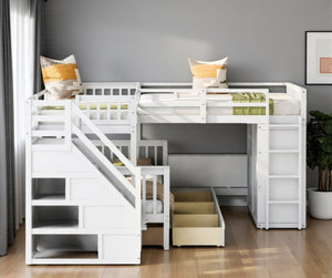 HomeRoots White Triple Bunk Bed with Stairs, Desk, Storage Drawers – Solid Wood, Stylish & Space-Saving Design 606610