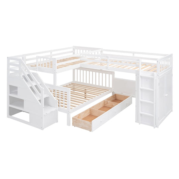 HomeRoots White Triple Bunk Bed with Stairs, Desk, Storage Drawers – Solid Wood, Stylish & Space-Saving Design 606610