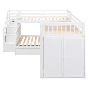 HomeRoots White Triple Bunk Bed with Stairs, Desk, Storage Drawers – Solid Wood, Stylish & Space-Saving Design 606610