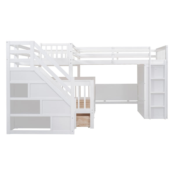 HomeRoots White Triple Bunk Bed with Stairs, Desk, Storage Drawers – Solid Wood, Stylish & Space-Saving Design 606610