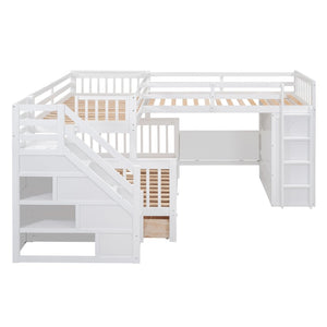 HomeRoots White Triple Bunk Bed with Stairs, Desk, Storage Drawers – Solid Wood, Stylish & Space-Saving Design 606610