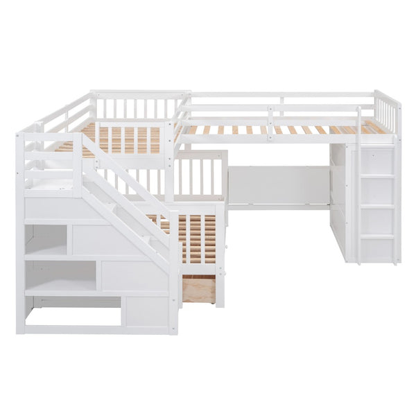HomeRoots White Triple Bunk Bed with Stairs, Desk, Storage Drawers – Solid Wood, Stylish & Space-Saving Design 606610