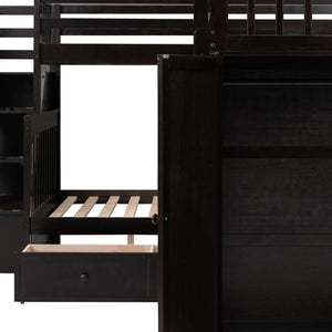 HomeRoots Espresso Triple Bunk Bed - Twin Over Twin Over Full with Stairs, Desk, and Ample Storage Solutions 606611