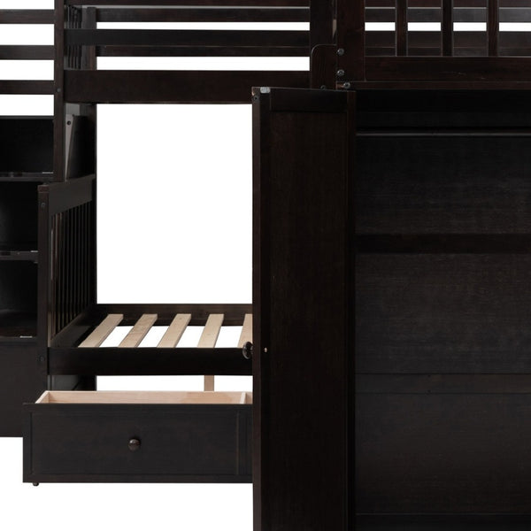 HomeRoots Espresso Triple Bunk Bed - Twin Over Twin Over Full with Stairs, Desk, and Ample Storage Solutions 606611