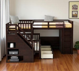 HomeRoots Espresso Triple Bunk Bed - Twin Over Twin Over Full with Stairs, Desk, and Ample Storage Solutions 606611