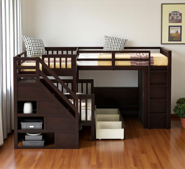HomeRoots Espresso Triple Bunk Bed - Twin Over Twin Over Full with Stairs, Desk, and Ample Storage Solutions 606611