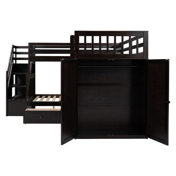 HomeRoots Espresso Triple Bunk Bed - Twin Over Twin Over Full with Stairs, Desk, and Ample Storage Solutions 606611