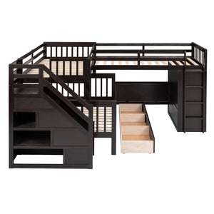 HomeRoots Espresso Triple Bunk Bed - Twin Over Twin Over Full with Stairs, Desk, and Ample Storage Solutions 606611