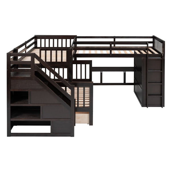 HomeRoots Espresso Triple Bunk Bed - Twin Over Twin Over Full with Stairs, Desk, and Ample Storage Solutions 606611