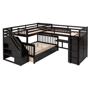 HomeRoots Espresso Triple Bunk Bed - Twin Over Twin Over Full with Stairs, Desk, and Ample Storage Solutions 606611