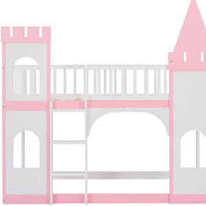 HomeRoots Pink Princess Twin Over Twin Bunk Bed - Solid Wood, Whimsical Design, Safe, Durable, Perfect for Kids 606612