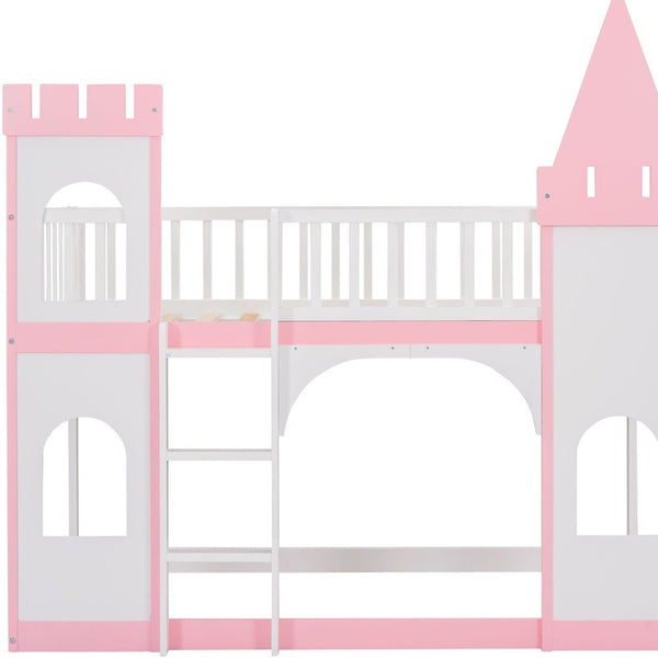 HomeRoots Pink Princess Twin Over Twin Bunk Bed - Solid Wood, Whimsical Design, Safe, Durable, Perfect for Kids 606612