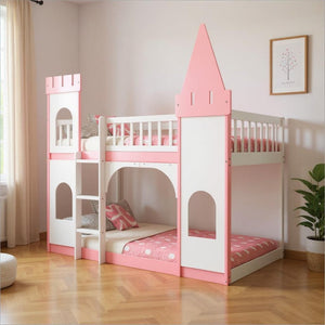 HomeRoots Pink Princess Twin Over Twin Bunk Bed - Solid Wood, Whimsical Design, Safe, Durable, Perfect for Kids 606612