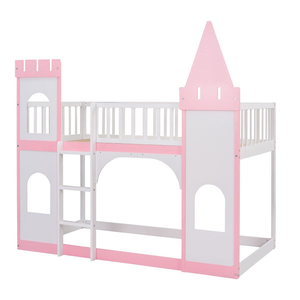 HomeRoots Pink Princess Twin Over Twin Bunk Bed - Solid Wood, Whimsical Design, Safe, Durable, Perfect for Kids 606612