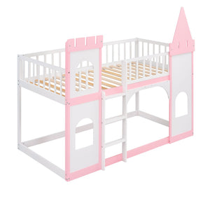 HomeRoots Pink Princess Twin Over Twin Bunk Bed - Solid Wood, Whimsical Design, Safe, Durable, Perfect for Kids 606612
