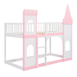 HomeRoots Pink Princess Twin Over Twin Bunk Bed - Solid Wood, Whimsical Design, Safe, Durable, Perfect for Kids 606612