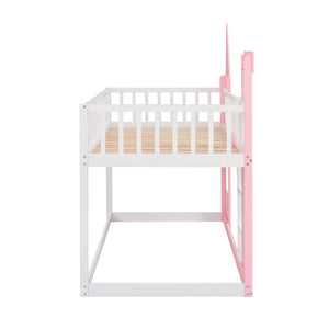 HomeRoots Pink Princess Twin Over Twin Bunk Bed - Solid Wood, Whimsical Design, Safe, Durable, Perfect for Kids 606612
