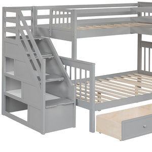 HomeRoots Gray Twin Over Full L-Shaped Solid Wood Bunk Bed with Storage Stairs, Drawers & Modern Design 606613