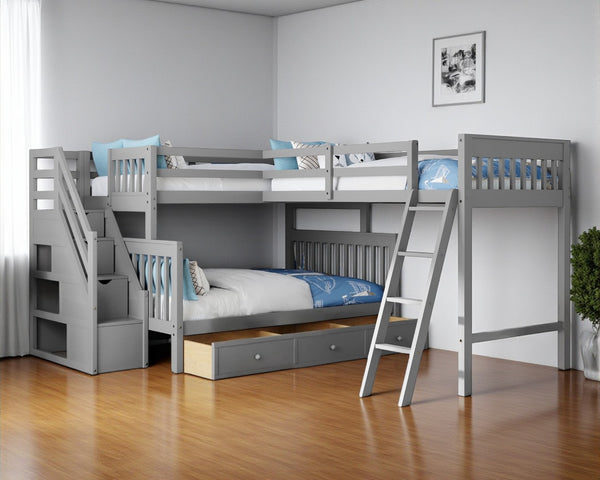 HomeRoots Gray Twin Over Full L-Shaped Solid Wood Bunk Bed with Storage Stairs, Drawers & Modern Design 606613