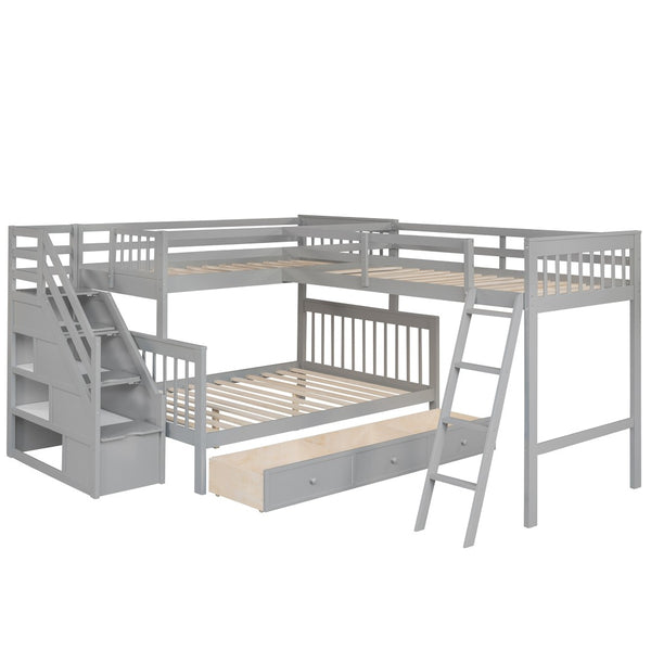 HomeRoots Gray Twin Over Full L-Shaped Solid Wood Bunk Bed with Storage Stairs, Drawers & Modern Design 606613