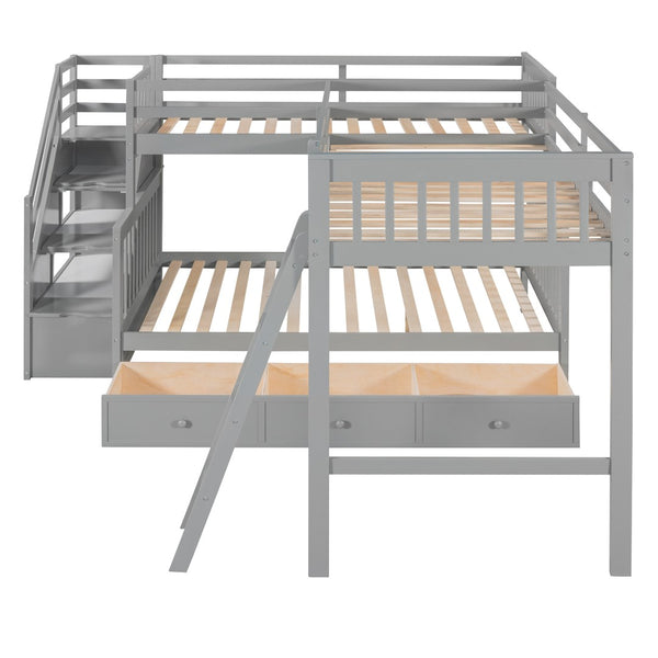 HomeRoots Gray Twin Over Full L-Shaped Solid Wood Bunk Bed with Storage Stairs, Drawers & Modern Design 606613
