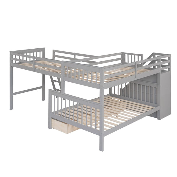 HomeRoots Gray Twin Over Full L-Shaped Solid Wood Bunk Bed with Storage Stairs, Drawers & Modern Design 606613