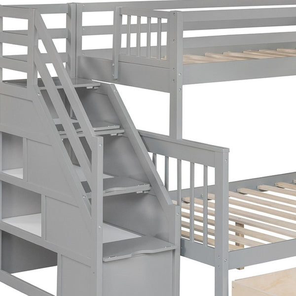 HomeRoots Gray Twin Over Full L-Shaped Solid Wood Bunk Bed with Storage Stairs, Drawers & Modern Design 606613
