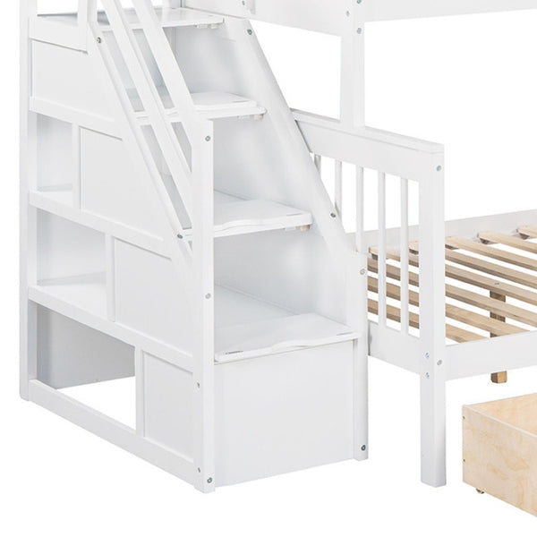 HomeRoots White Twin Over Full Solid Wood Bunk Bed with Storage Stairs & Safety Features for Stylish Bedrooms 606614