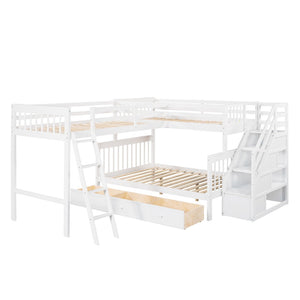 HomeRoots White Twin Over Full Solid Wood Bunk Bed with Storage Stairs & Safety Features for Stylish Bedrooms 606614