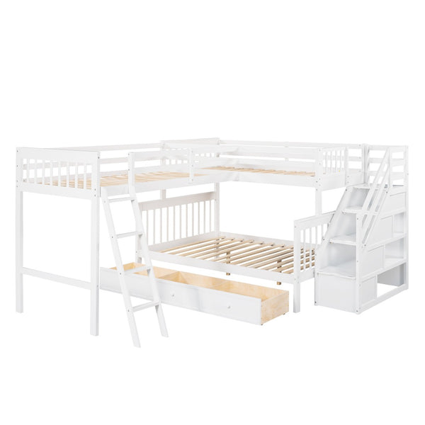 HomeRoots White Twin Over Full Solid Wood Bunk Bed with Storage Stairs & Safety Features for Stylish Bedrooms 606614
