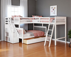 HomeRoots White Twin Over Full Solid Wood Bunk Bed with Storage Stairs & Safety Features for Stylish Bedrooms 606614