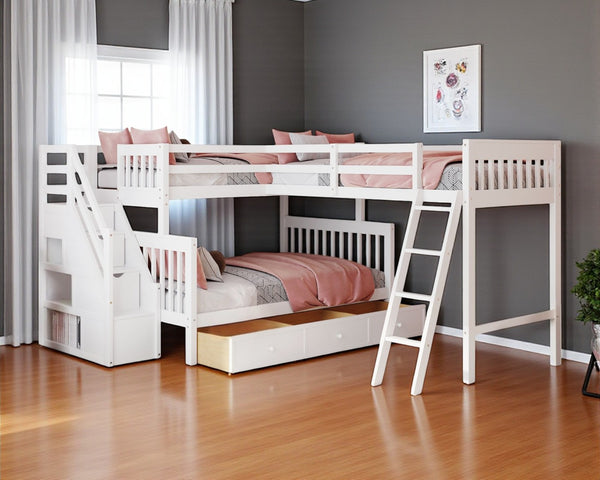 HomeRoots White Twin Over Full Solid Wood Bunk Bed with Storage Stairs & Safety Features for Stylish Bedrooms 606614