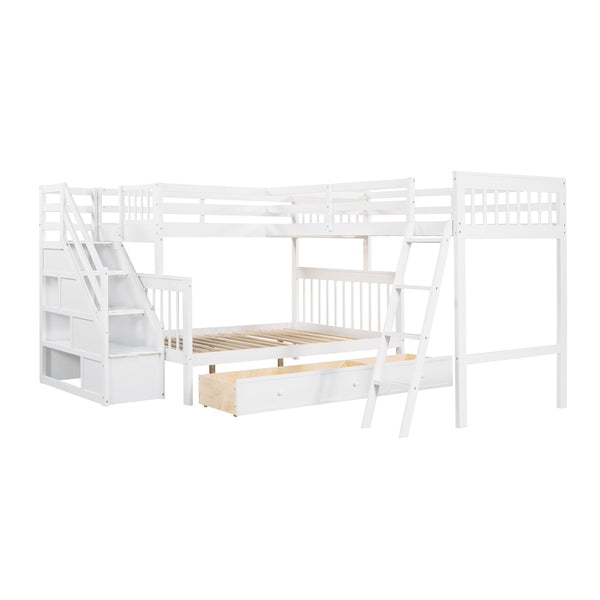 HomeRoots White Twin Over Full Solid Wood Bunk Bed with Storage Stairs & Safety Features for Stylish Bedrooms 606614