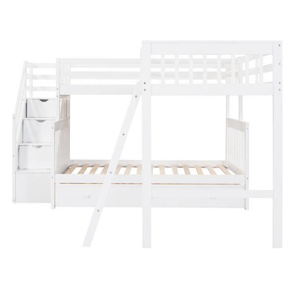 HomeRoots White Twin Over Full Solid Wood Bunk Bed with Storage Stairs & Safety Features for Stylish Bedrooms 606614