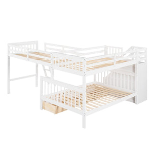 HomeRoots White Twin Over Full Solid Wood Bunk Bed with Storage Stairs & Safety Features for Stylish Bedrooms 606614