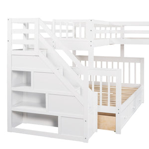 HomeRoots White Twin Over Full Solid Wood Bunk Bed with Storage Stairs & Safety Features for Stylish Bedrooms 606614